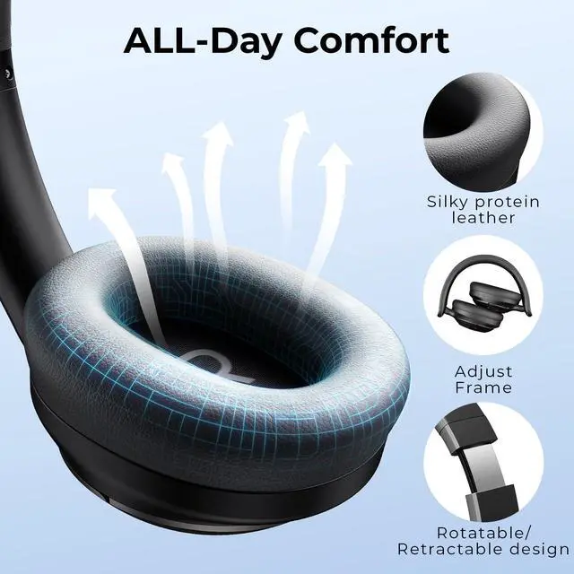 Alt view image 4 of 7 - Hybrid ANC Wireless Headphones, Over Ear Bluetooth Headphones with Hi-Res Audio, Spatial Sound, 80H Battery, 5-Mic ENC Calls, Metal-Accent Foldable Design