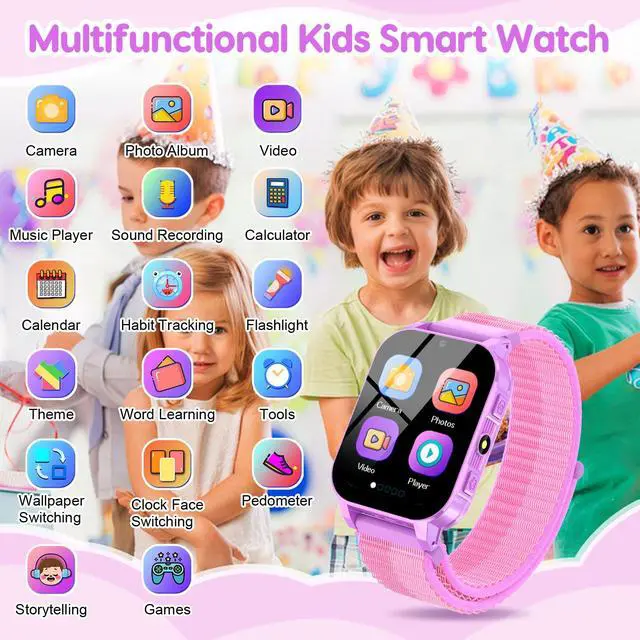 Alt view image 2 of 7 - HD Touchscreen Smartwatch for Girls Ages 4-12 - Includes 28 Games, Camera, Music, Pedometer - Fun & Educational Birthday Gift Idea (Purple)