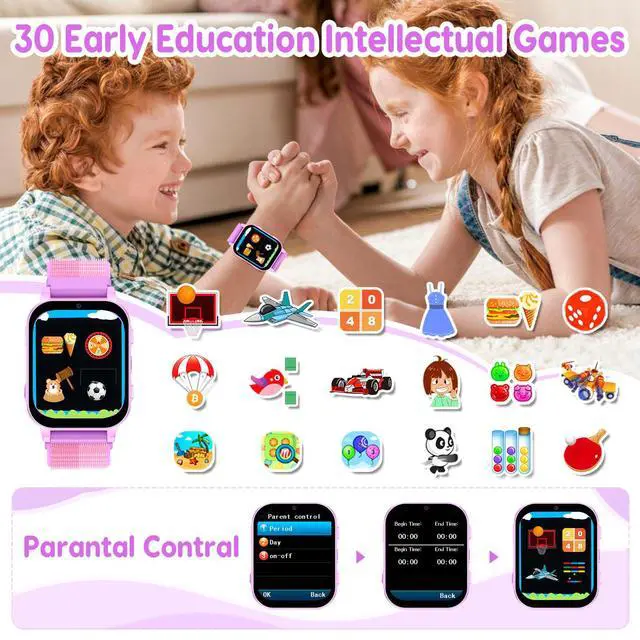 Alt view image 4 of 7 - HD Touchscreen Smartwatch for Girls Ages 4-12 - Includes 28 Games, Camera, Music, Pedometer - Fun & Educational Birthday Gift Idea (Purple)