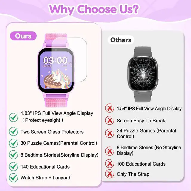 Alt view image 7 of 7 - HD Touchscreen Smartwatch for Girls Ages 4-12 - Includes 28 Games, Camera, Music, Pedometer - Fun & Educational Birthday Gift Idea (Purple)