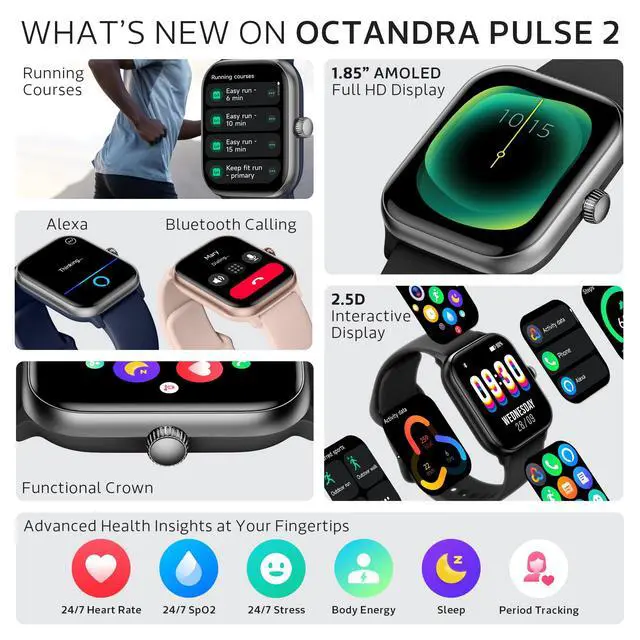 Alt view image 2 of 7 - Pulse 2 VeryFit Smart Watch for Men Women Fitness Tracker Watch (Black) | Alexa, 1.85" AMOLED Screen, Body Energy, Heart Rate, Oxygen Saturation, Stress, Sleep Monitor, Step Tracker, Bluetooth Call
