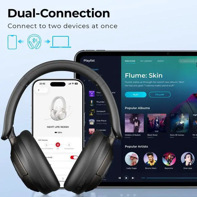 Alt view image 7 of 7 - Hybrid ANC Wireless Headphones, Over Ear Bluetooth Headphones with Hi-Res Audio, Spatial Sound, 80H Battery, 5-Mic ENC Calls, Metal-Accent Foldable Design
