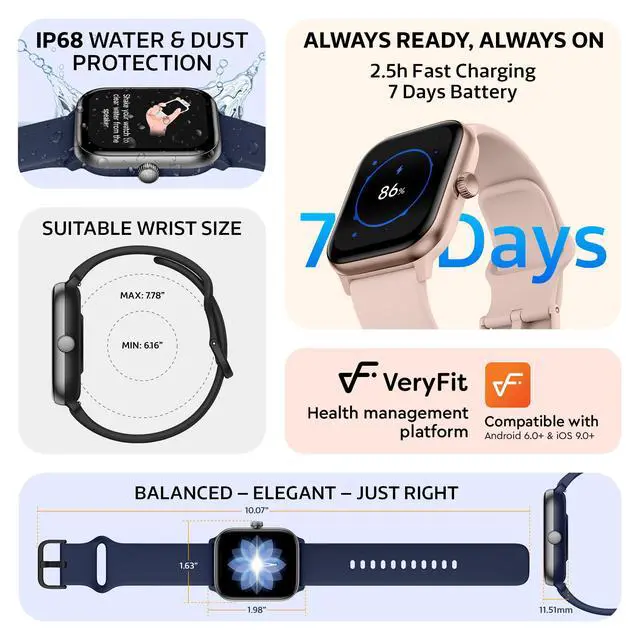 Alt view image 7 of 7 - Pulse 2 VeryFit Smart Watch for Men Women Fitness Tracker Watch (Black) | Alexa, 1.85" AMOLED Screen, Body Energy, Heart Rate, Oxygen Saturation, Stress, Sleep Monitor, Step Tracker, Bluetooth Call