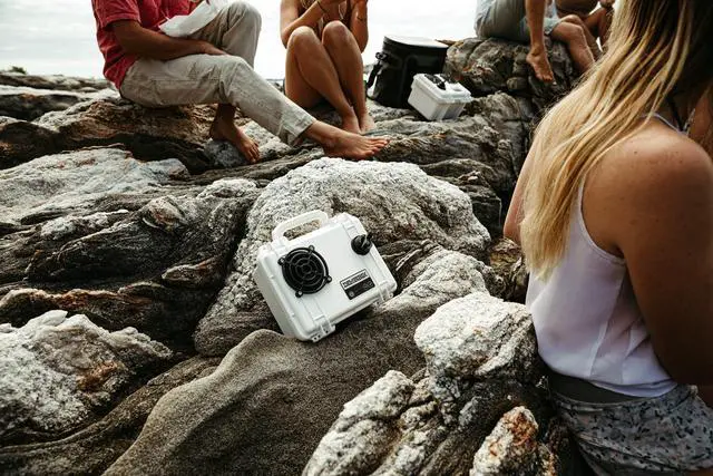 Alt view image 2 of 3 - Waterproof, Portable, and Rugged Outdoor Bluetooth Speakers. Loud Sound + Deep Bass, 40+ hr Battery Life, Dry Box + USB Charging, Multi-Pairing Party Mode (Fraser Tan, DB1)