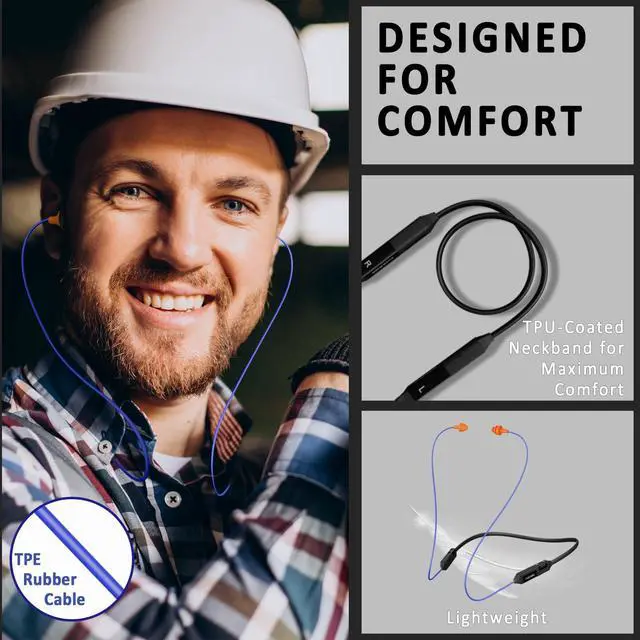Alt view image 3 of 7 - Bluetooth Earplug Headphones, 29dB Noise Reduction Earbuds for Work, Neckband Wireless Earplugs Earphones with 30 Hour Battery, IPX5 Sweatproof, OSHA Compliant for Industrial Safety