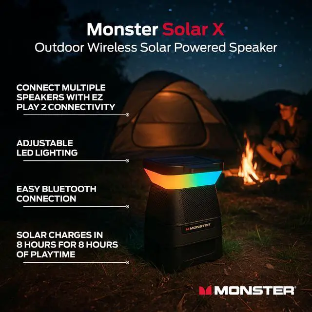 Alt view image 2 of 7 - Solar X Speaker - Bluetooth Wireless Solar Powered 360 Degree Sound with LED, Easy Connect, 8 Hours of Playtime and 30W Bass