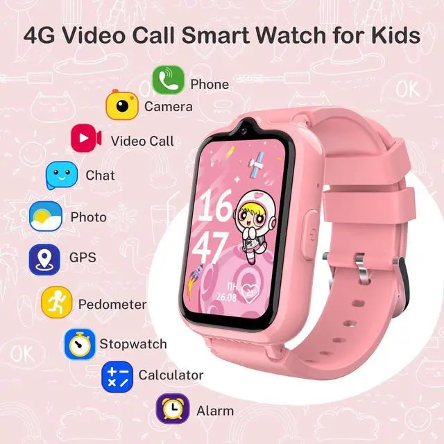 Alt view image 2 of 7 - 4G Kids Smart Watches Girls, GPS Watch for Kids with Video Call Voice Chat | Pedometer SOS Alarm Calculator Camera Waterproof HD Touch Screen Parental Controls, Digital Watch for Girls Age 5-12