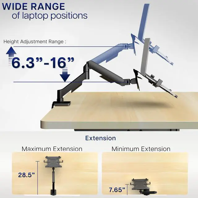 Alt view image 3 of 7 - Universal Adjustable 10 to 15.6 inch Laptop Mount for Desk, Single Mechanical Arm VESA Notebook Stand with C-clamp and Grommet Options, Black, STAND-V001O-L