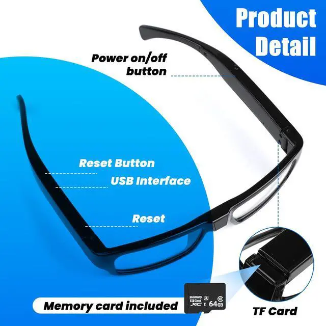 Alt view image 2 of 7 - Camera Glasses Video Glasses HD with 64GB Memory Card Recording Glasses Smart Glasses Wearable Eyeglasses for Outdoor Sports