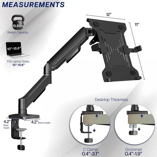 Alt view image 5 of 7 - Universal Adjustable 10 to 15.6 inch Laptop Mount for Desk, Single Mechanical Arm VESA Notebook Stand with C-clamp and Grommet Options, Black, STAND-V001O-L