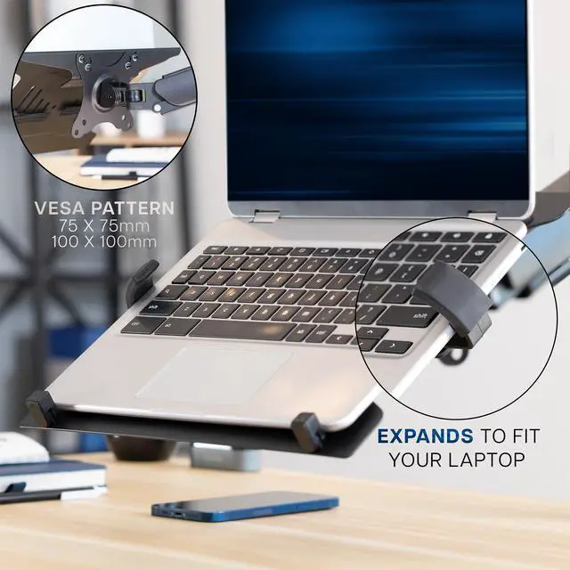 Alt view image 7 of 7 - Universal Adjustable 10 to 15.6 inch Laptop Mount for Desk, Single Mechanical Arm VESA Notebook Stand with C-clamp and Grommet Options, Black, STAND-V001O-L