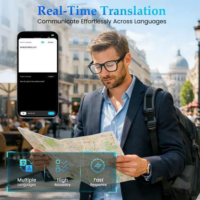Alt view image 4 of 7 - AI Smart Glasses with 8MP Camera, 1080P Video Recording & HD Photos for Men Women, Open-Ear Audio Bluetooth Glasses, Photochromic Lenses, AI Voice Assistant & Translation, Clear Calls & Music