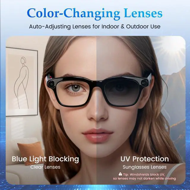 Alt view image 6 of 7 - AI Smart Glasses with 8MP Camera, 1080P Video Recording & HD Photos for Men Women, Open-Ear Audio Bluetooth Glasses, Photochromic Lenses, AI Voice Assistant & Translation, Clear Calls & Music
