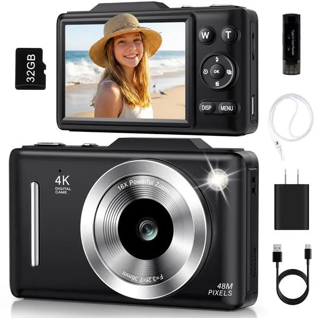 Main image of Digital Camera 4K Autofocus Vlogging Camera for Photography with 16X Zoom Anti Shake, 32GB Card, 48MP Compact Portable Point and Shoot Camera for Kids Boys Girls Teens BeginnerBlack