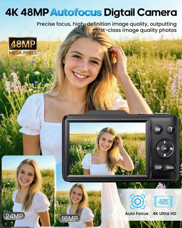 Alt view image 2 of 7 - Digital Camera 4K Autofocus Vlogging Camera for Photography with 16X Zoom Anti Shake, 32GB Card, 48MP Compact Portable Point and Shoot Camera for Kids Boys Girls Teens BeginnerBlack