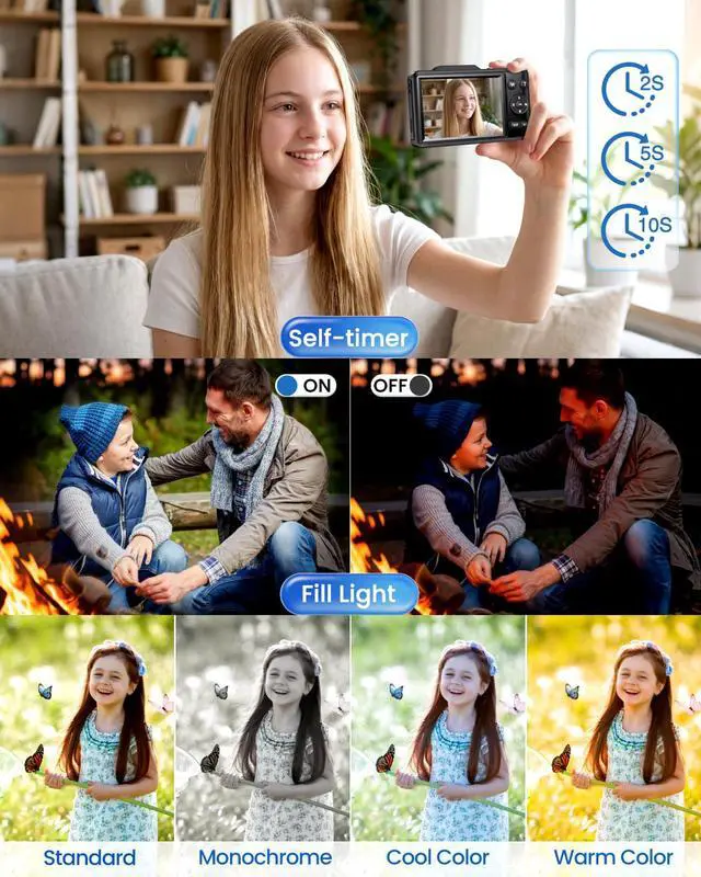 Alt view image 5 of 7 - Digital Camera 4K Autofocus Vlogging Camera for Photography with 16X Zoom Anti Shake, 32GB Card, 48MP Compact Portable Point and Shoot Camera for Kids Boys Girls Teens BeginnerBlack