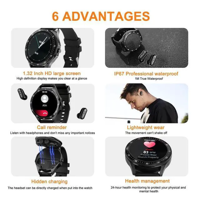 Alt view image 3 of 7 - Smart Watch with Earbuds, 1.32 Inch Round Fitness Watch X10, 2 in 1 Bluetooth Watch with Step,Calories,Sleep Monitor,Heart Rate Blood Pressu-re Monitor for iOS & Android