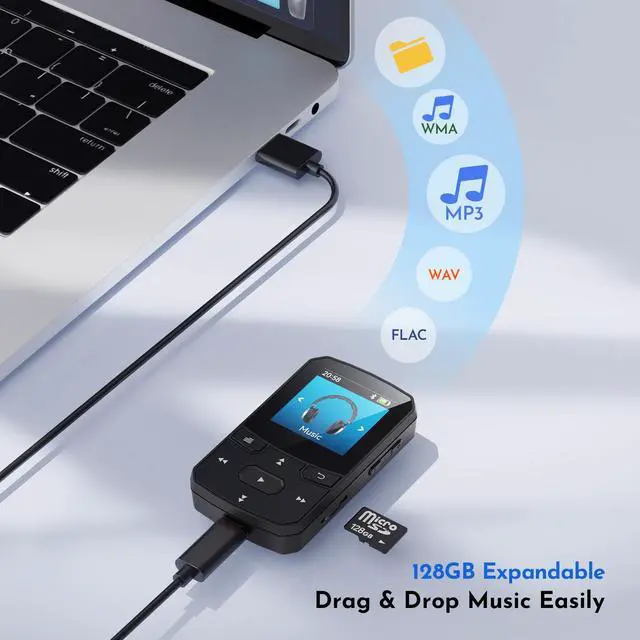 Alt view image 5 of 7 - 64GB Clip MP3 Player with Bluetooth 5.3 Auto-Reconnect, Weighs 1 oz | Portable Music Player for Sports Running, Physical Button, FM Radio, Voice Recorder, 1.5" Screen, Support 128GB microSD Card