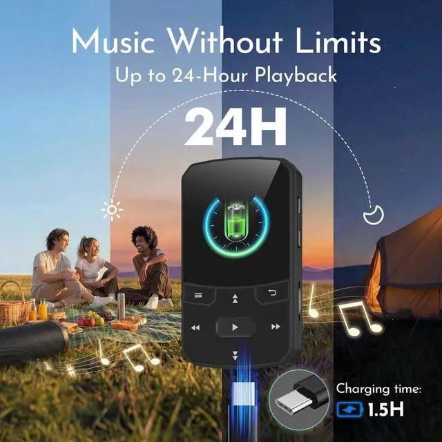 Alt view image 6 of 7 - 64GB Clip MP3 Player with Bluetooth 5.3 Auto-Reconnect, Weighs 1 oz | Portable Music Player for Sports Running, Physical Button, FM Radio, Voice Recorder, 1.5" Screen, Support 128GB microSD Card