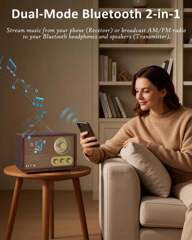 Alt view image 2 of 6 - Retro Wood Bluetooth Radio with Built-in Speakers, AM/FM Radio with Elegant & Vintage Design, Bass & Treble Control, Wireless Streaming, Home Decor Gift for Office, Kitchen, Gift for Parents