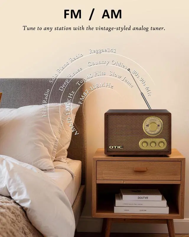 Alt view image 3 of 6 - Retro Wood Bluetooth Radio with Built-in Speakers, AM/FM Radio with Elegant & Vintage Design, Bass & Treble Control, Wireless Streaming, Home Decor Gift for Office, Kitchen, Gift for Parents