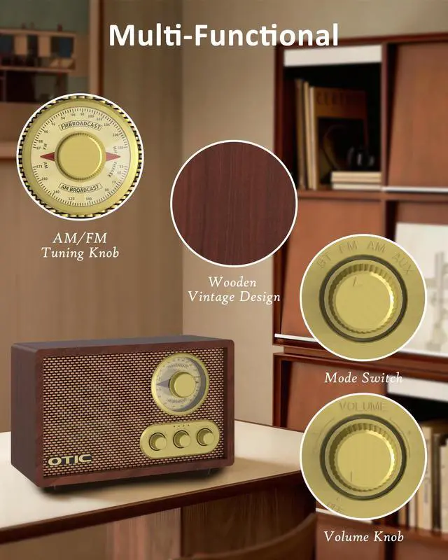 Alt view image 5 of 6 - Retro Wood Bluetooth Radio with Built-in Speakers, AM/FM Radio with Elegant & Vintage Design, Bass & Treble Control, Wireless Streaming, Home Decor Gift for Office, Kitchen, Gift for Parents