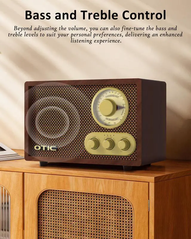 Alt view image 6 of 6 - Retro Wood Bluetooth Radio with Built-in Speakers, AM/FM Radio with Elegant & Vintage Design, Bass & Treble Control, Wireless Streaming, Home Decor Gift for Office, Kitchen, Gift for Parents