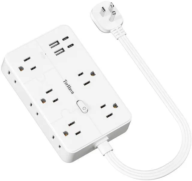 Main image of Surge Protector Power Strip 1 FT Flat Extension Cord 10 AC Outlets & 4 USB Ports(5V/3.4A 17W), 1080J Wall Mountable Desktop Charging Station with Flat Plug for Office Supplies and Home, White