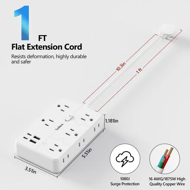 Alt view image 2 of 7 - Surge Protector Power Strip 1 FT Flat Extension Cord 10 AC Outlets & 4 USB Ports(5V/3.4A 17W), 1080J Wall Mountable Desktop Charging Station with Flat Plug for Office Supplies and Home, White