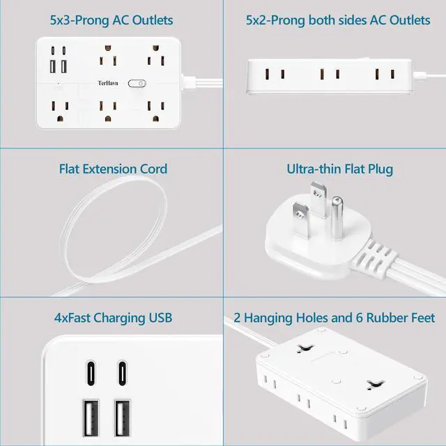 Alt view image 5 of 7 - Surge Protector Power Strip 1 FT Flat Extension Cord 10 AC Outlets & 4 USB Ports(5V/3.4A 17W), 1080J Wall Mountable Desktop Charging Station with Flat Plug for Office Supplies and Home, White