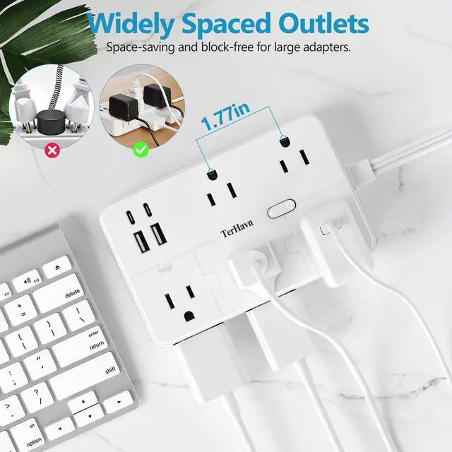 Alt view image 6 of 7 - Surge Protector Power Strip 1 FT Flat Extension Cord 10 AC Outlets & 4 USB Ports(5V/3.4A 17W), 1080J Wall Mountable Desktop Charging Station with Flat Plug for Office Supplies and Home, White
