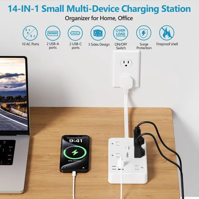 Alt view image 3 of 7 - Surge Protector Power Strip 1 FT Flat Extension Cord 10 AC Outlets & 4 USB Ports(5V/3.4A 17W), 1080J Wall Mountable Desktop Charging Station with Flat Plug for Office Supplies and Home, White