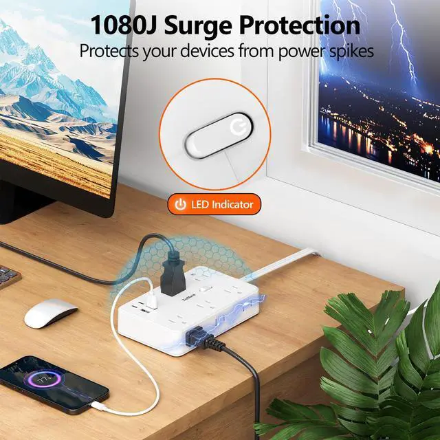 Alt view image 7 of 7 - Surge Protector Power Strip 1 FT Flat Extension Cord 10 AC Outlets & 4 USB Ports(5V/3.4A 17W), 1080J Wall Mountable Desktop Charging Station with Flat Plug for Office Supplies and Home, White