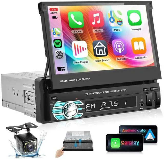 Main image of 7inch Single Din Car Stereo Flip Out Car Radio with AppIe Carplay | Android Auto Airplay MirrorLink 1080P Bluetooth FM Radio HD Backup Camera 2.0 USB TF Card AUX-in Ports Support SWC