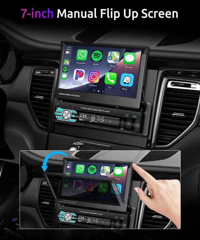 Alt view image 2 of 7 - 7inch Single Din Car Stereo Flip Out Car Radio with AppIe Carplay | Android Auto Airplay MirrorLink 1080P Bluetooth FM Radio HD Backup Camera 2.0 USB TF Card AUX-in Ports Support SWC