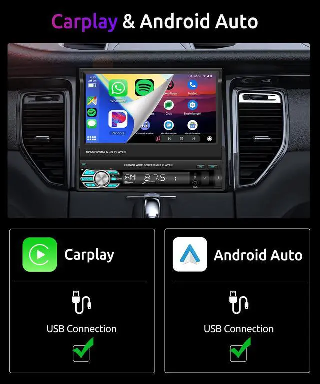 Alt view image 3 of 7 - 7inch Single Din Car Stereo Flip Out Car Radio with AppIe Carplay | Android Auto Airplay MirrorLink 1080P Bluetooth FM Radio HD Backup Camera 2.0 USB TF Card AUX-in Ports Support SWC
