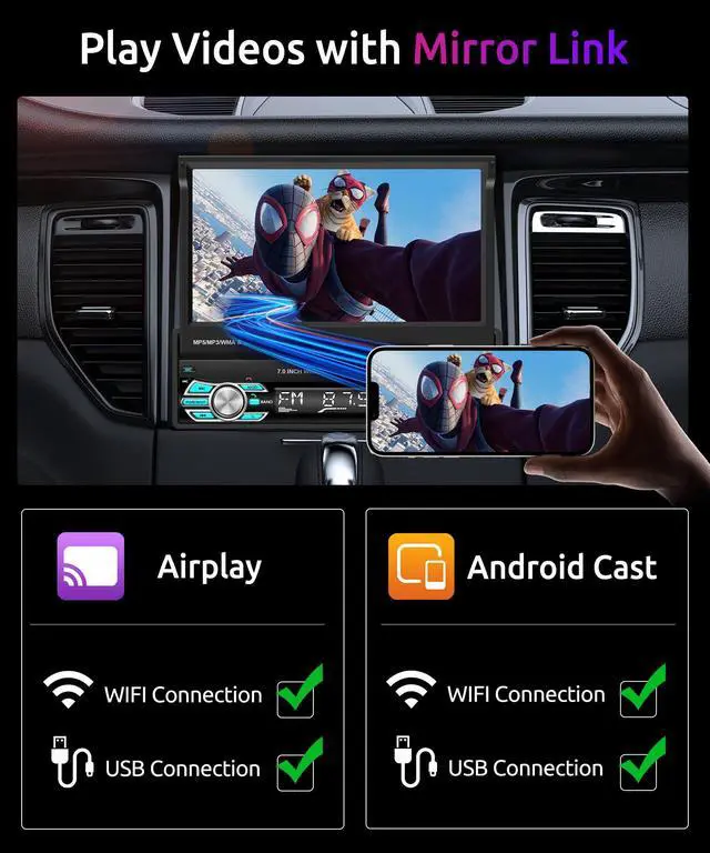 Alt view image 4 of 7 - 7inch Single Din Car Stereo Flip Out Car Radio with AppIe Carplay | Android Auto Airplay MirrorLink 1080P Bluetooth FM Radio HD Backup Camera 2.0 USB TF Card AUX-in Ports Support SWC