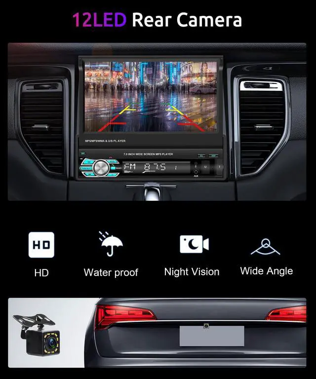 Alt view image 6 of 7 - 7inch Single Din Car Stereo Flip Out Car Radio with AppIe Carplay | Android Auto Airplay MirrorLink 1080P Bluetooth FM Radio HD Backup Camera 2.0 USB TF Card AUX-in Ports Support SWC