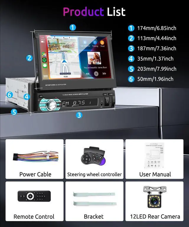 Alt view image 7 of 7 - 7inch Single Din Car Stereo Flip Out Car Radio with AppIe Carplay | Android Auto Airplay MirrorLink 1080P Bluetooth FM Radio HD Backup Camera 2.0 USB TF Card AUX-in Ports Support SWC