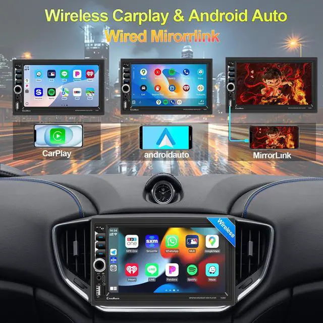Alt view image 2 of 7 - Wireless Apple CarPlay Double Din,7" Car Bluetooth 5.2,FM Car Radio,IPS 1024*600 Touch Screen Car Stereo,Backup Camera,Android Auto,DSP Subwoofer,USB,SWC,MIC,Car Audio Receiver,Car Play,178*100mm,180W