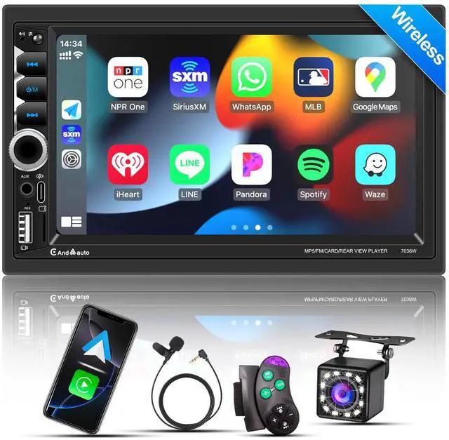 Main image of Wireless Apple CarPlay Double Din,7" Car Bluetooth 5.2,FM Car Radio,IPS 1024*600 Touch Screen Car Stereo,Backup Camera,Android Auto,DSP Subwoofer,USB,SWC,MIC,Car Audio Receiver,Car Play,178*100mm,180W