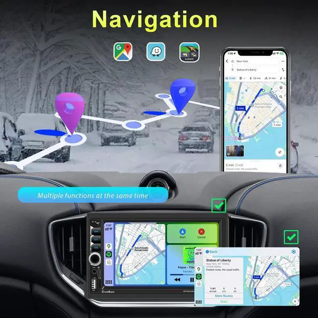 Alt view image 3 of 7 - Wireless Apple CarPlay Double Din,7" Car Bluetooth 5.2,FM Car Radio,IPS 1024*600 Touch Screen Car Stereo,Backup Camera,Android Auto,DSP Subwoofer,USB,SWC,MIC,Car Audio Receiver,Car Play,178*100mm,180W