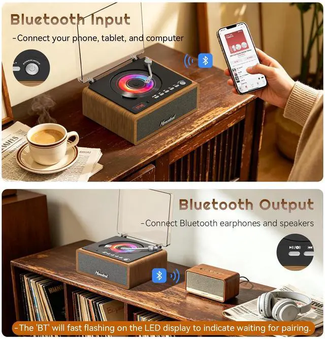 Alt view image 3 of 7 - Retro CD Player, Wood Vintage CD Players for Home | HiFI Bass Boost with Remote Control, Sleep Timer, USB/AUX Playback-Walnut Brown