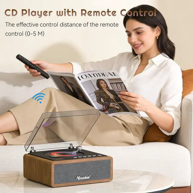 Alt view image 6 of 7 - Retro CD Player, Wood Vintage CD Players for Home | HiFI Bass Boost with Remote Control, Sleep Timer, USB/AUX Playback-Walnut Brown