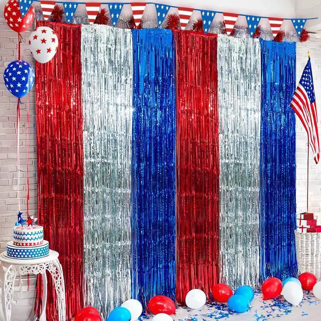 Main image of 4th of July Decorations, 3 Pack Red White and Blue Tinsel Foil Fringe Curtains, 4th of July Photo Booth Prop for USA Themed Olympics, Patriotic, Memorial Day, Independence Day