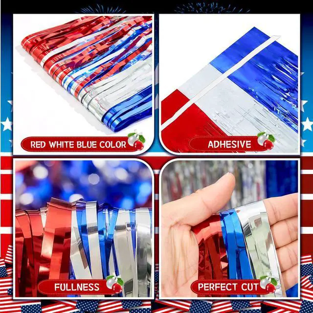 Alt view image 2 of 7 - 4th of July Decorations, 3 Pack Red White and Blue Tinsel Foil Fringe Curtains, 4th of July Photo Booth Prop for USA Themed Olympics, Patriotic, Memorial Day, Independence Day