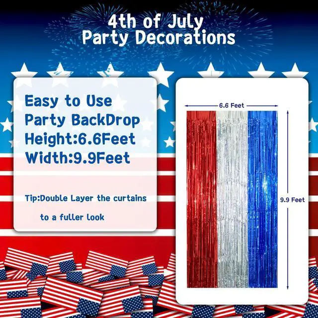Alt view image 4 of 7 - 4th of July Decorations, 3 Pack Red White and Blue Tinsel Foil Fringe Curtains, 4th of July Photo Booth Prop for USA Themed Olympics, Patriotic, Memorial Day, Independence Day