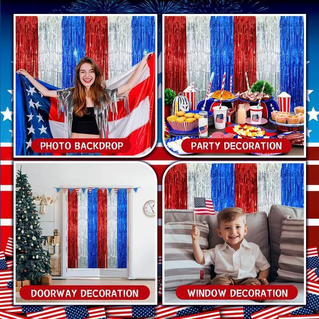 Alt view image 5 of 7 - 4th of July Decorations, 3 Pack Red White and Blue Tinsel Foil Fringe Curtains, 4th of July Photo Booth Prop for USA Themed Olympics, Patriotic, Memorial Day, Independence Day