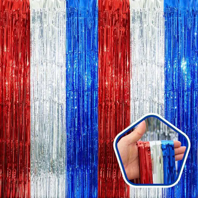 Alt view image 6 of 7 - 4th of July Decorations, 3 Pack Red White and Blue Tinsel Foil Fringe Curtains, 4th of July Photo Booth Prop for USA Themed Olympics, Patriotic, Memorial Day, Independence Day