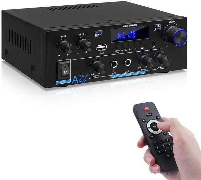 Main image of Bluetooth Amplifier AK-55 Plus Stereo Receivers Amp 2.0 Channel RMS 70W x2 | Mini Power Amplifier Home Audio for Speakers with TPA3116D2 Chips, BT/USB/AUX,Optical & Coaxial Inputs, FM Radio, MIC/Echo